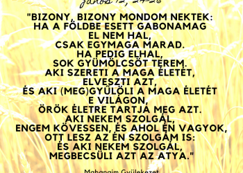 Bizony, bizony mondom nektek: Ha a földbe esett gabonamag el nem hal, csak egymaga marad. Ha pedig elhal, sok gyümölcsöt terem. Aki szereti a maga életét, elveszti azt, és aki (meg)gyűlöli a maga életét e világon, örök életre tartja meg azt. Aki nekem szolgál, engem kövessen, és ahol én vagyok, ott lesz az én szolgám is: és aki nekem szolgál, megbecsüli azt az Atya.